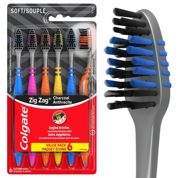 Colgate Zig Zag Charcoal Adult Manual Toothbrush, Soft, 6 Pack