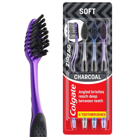Colgate ZigZag Adult Soft Charcoal Toothbrushes, Soft Bristled Manual Toothbrushes, 4 Pack