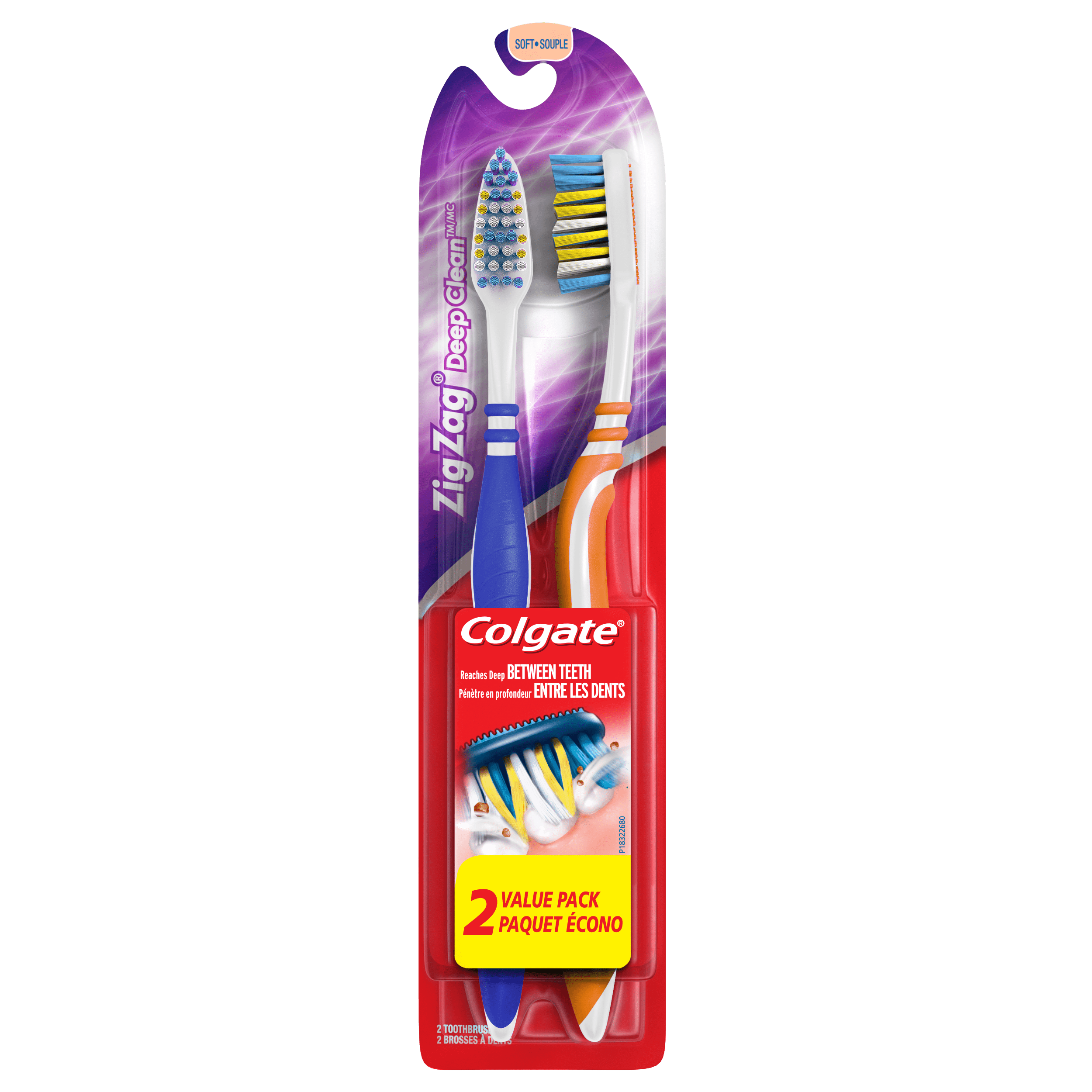Colgate ZigZag Deep Clean Manual Toothbrush with Tongue and Cheek Cleaner, Soft, 2 Ct