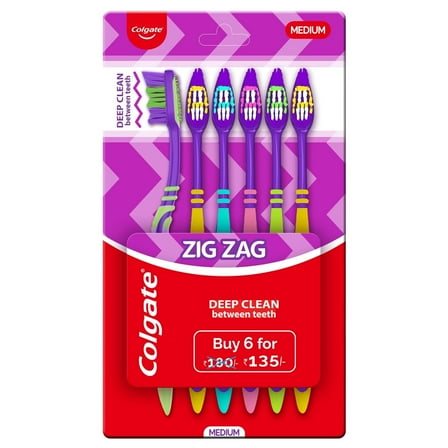 Colgate ZigZag Toothbrush for STF9&nbsp;Deep Inter dental Clean with multi angle zig zag bristles (Medium, Pack of 6)