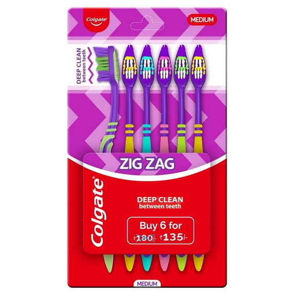Colgate ZigZag Toothbrush for STF9 Deep Inter dental Clean with multi angle zig zag bristles (Medium, Pack of 6)