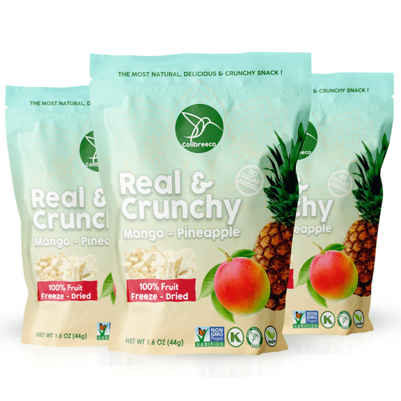 Colibreeco, Freeze-Dried Fruit, Mix Pineapple & Mango, 1.6 Ounce (Pack of 3), Non-GMO, Kosher and Vegan, 100% Fruit, No Sugar Added, Excellent for Healthy Snacks and Gluten Free.