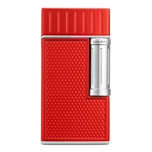Colibri Julius Double Flame Butane Flint Cigar Lighter with Diamond-Pattern Case, Windproof & Refillable, Cigar Enthusiast's Choice with Blue Fuel Window and Adjustable Flame (Red)