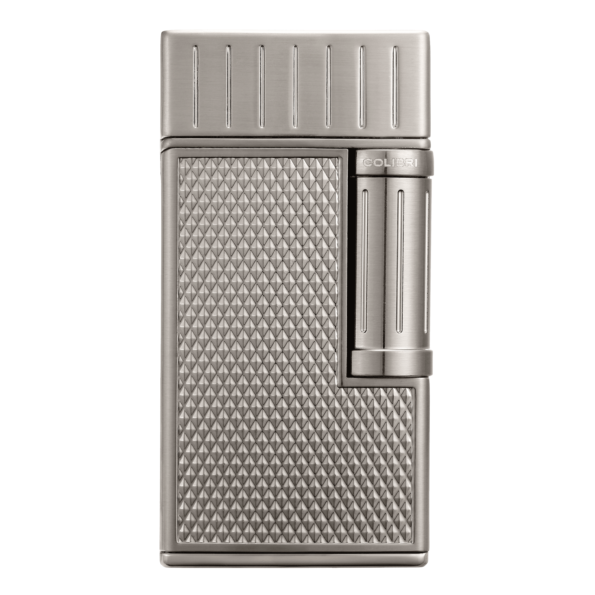 Colibri Julius Double Flame Butane Flint Cigar Lighter with Diamond-Pattern Case, Windproof & Refillable, Cigar Enthusiast's Choice with Blue Fuel Window and Adjustable Flame (Gunmetal)