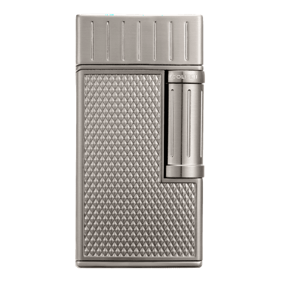 Colibri Julius Double Flame Butane Flint Cigar Lighter with Diamond-Pattern Case, Windproof & Refillable, Cigar Enthusiast's Choice with Blue Fuel Window and Adjustable Flame (Gunmetal)