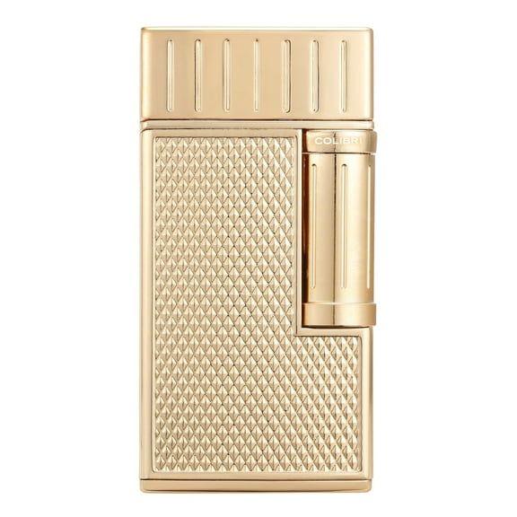Colibri Julius Double Flame Butane Flint Cigar Lighter with Diamond-Pattern Case, Windproof & Refillable, Cigar Enthusiast's Choice with Blue Fuel Window and Adjustable Flame (Gold)