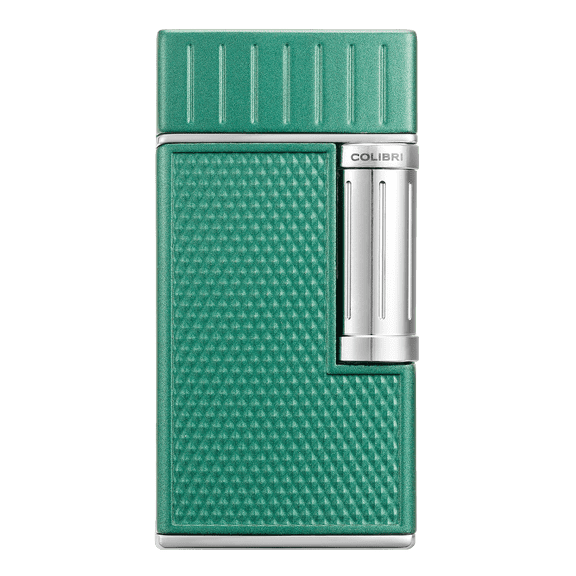 Colibri Julius Double Flame Butane Flint Cigar Lighter with Diamond-Pattern Case, Windproof & Refillable, Cigar Enthusiast's Choice with Blue Fuel Window and Adjustable Flame (Green, Chrome)