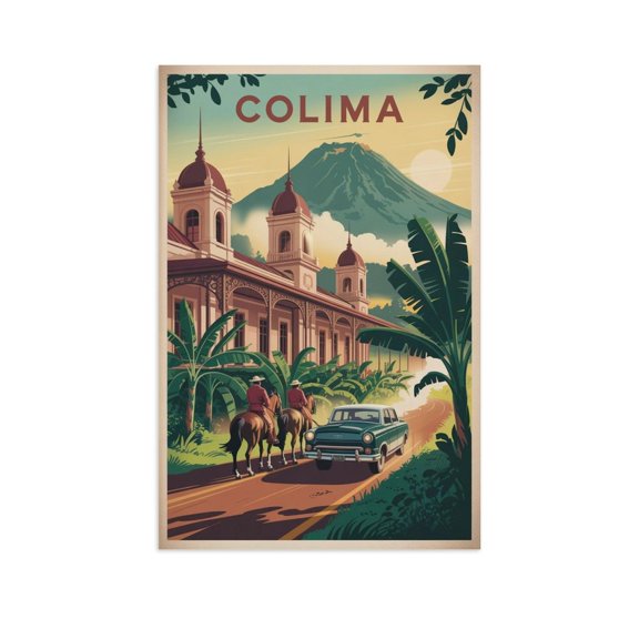 Colima Retro City Travel Poster with Volcano Views And Banana Fields Nostalgia Print Poster
