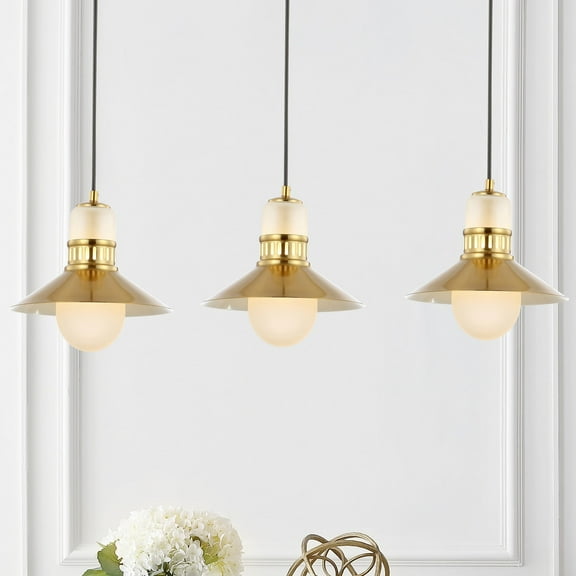 JONATHAN Y Colin 3-Light 35" Adjustable Iron/Glass Retro Hurricane Triple Linear LED Pendant, Brass Gold