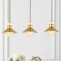 JONATHAN Y Colin 3-Light 35" Adjustable Iron/Glass Retro Hurricane Triple Linear LED Pendant, Brass Gold