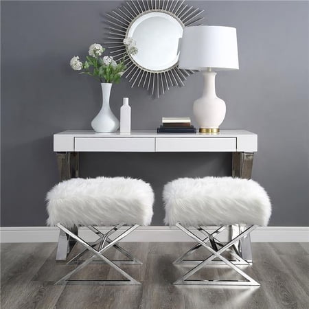 Colin Faux Fur X-Leg Chrome Base Ottoman - White