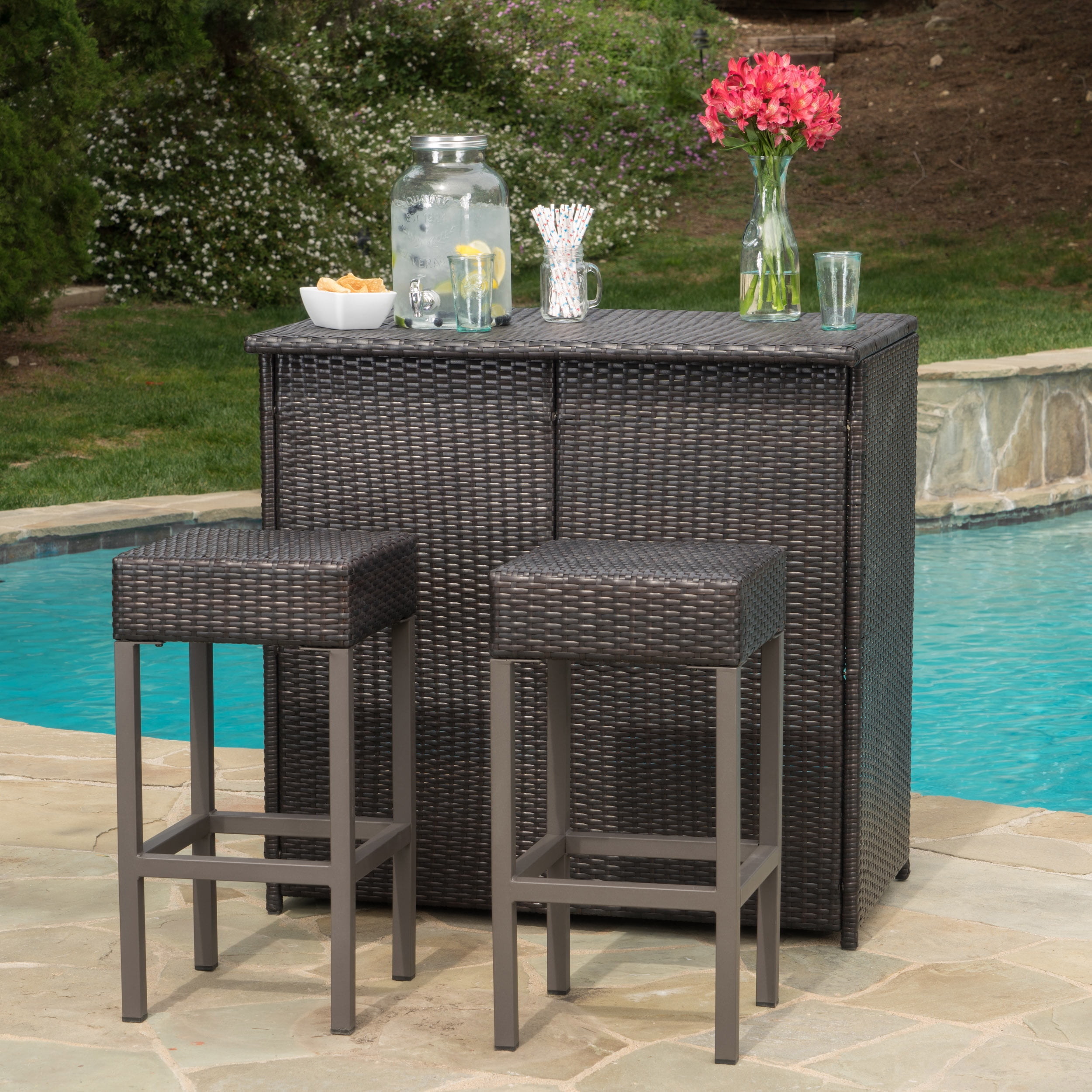 Colina Outdoor 3 Piece Wicker Bar Island Set, Multibrown
