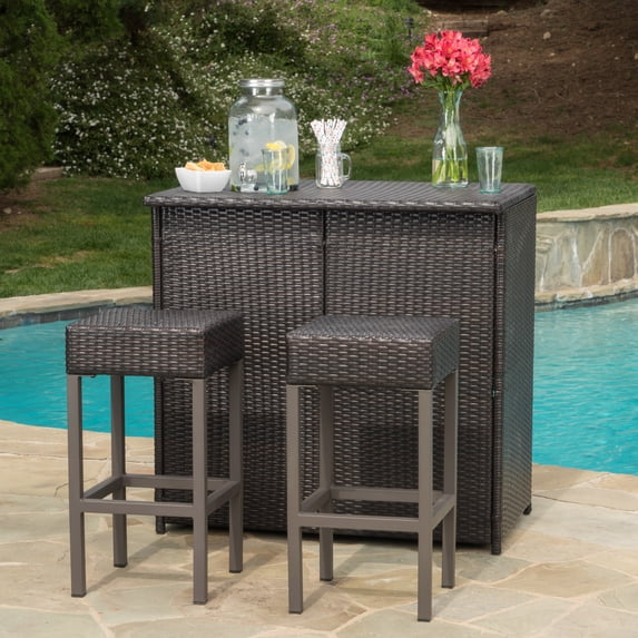 Colina Outdoor 3 Piece Wicker Bar Island Set, Multibrown