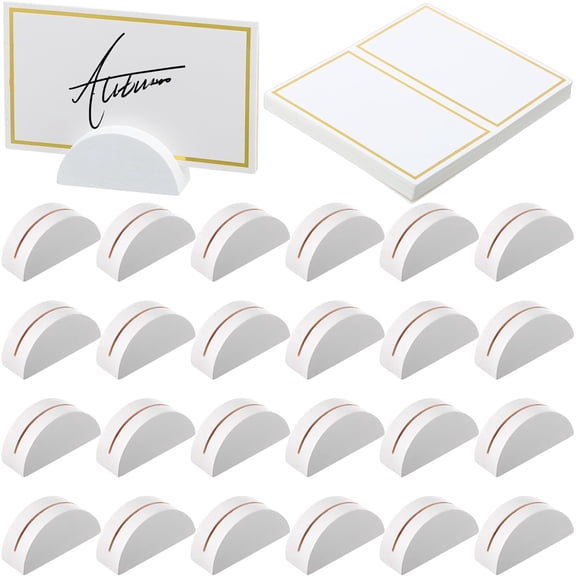 Colingmill 24 Pcs Wooden Table Number Stands Wedding Table Name Holder Semicircular Design Place Card Holders with 24 Pcs Tented Cards for Retail Shop Wedding Party Events Decoration(Brown)