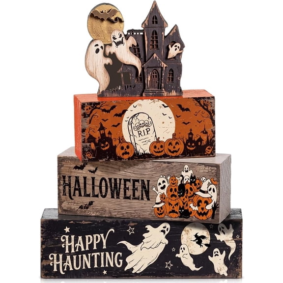 Colingmill 4 Pcs Halloween Table Decor Wooden Stacked Ghost Castle Block