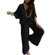 Colisha 2 Piece Outfits Joggers Loungwear for Women  Loose Fit Drawstring Lounge Sets Bat Sleeves V Neck Pajamas Black M