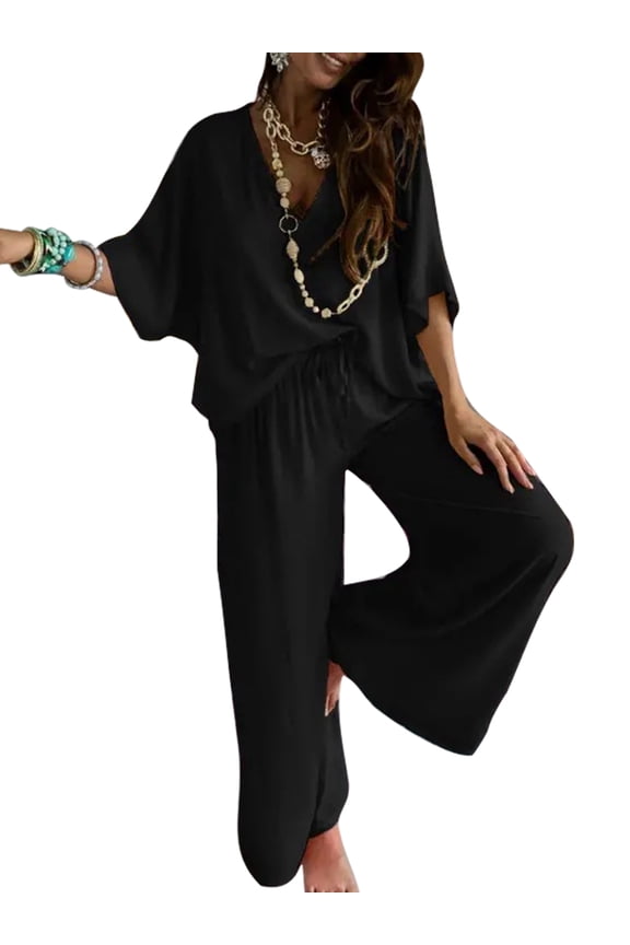 2 Piece Outfits Joggers Loungwear for Women Loose Fit Drawstring Lounge Sets Bat Sleeves V Neck Pajamas Black XL