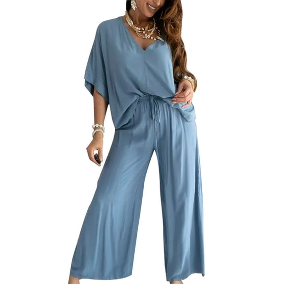 Colisha 2 Piece Outfits Joggers Loungwear for Women Loose Fit Drawstring Lounge Sets Bat Sleeves V Neck Pajamas Peacock Blue M