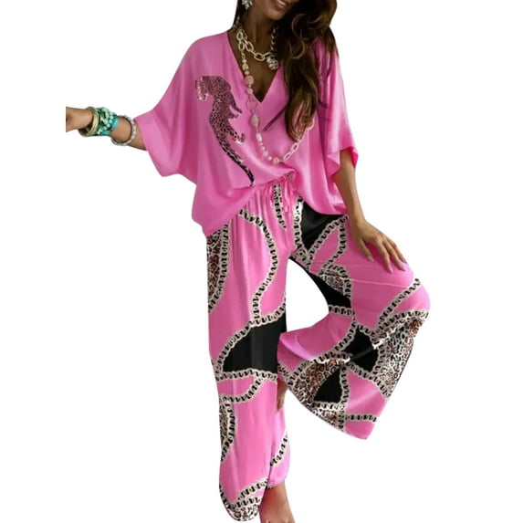 Colisha 2 Piece Outfits Joggers Loungwear for Women Loose Fit Drawstring Lounge Sets Bat Sleeves V Neck Pajamas Rose Red S