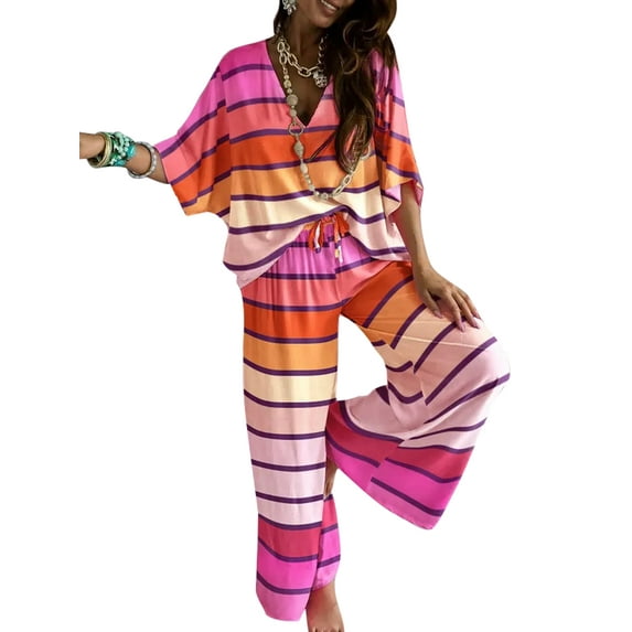 Colisha 2 Piece Outfits Joggers Loungwear for Women Loose Fit Drawstring Lounge Sets Bat Sleeves V Neck Pajamas Stripe M