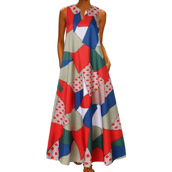 Colisha Contrast Color Long Maxi Dress for Women Casual Loose Beach Holiday Dress Summer Sleeveless V Neck Pockets Dress