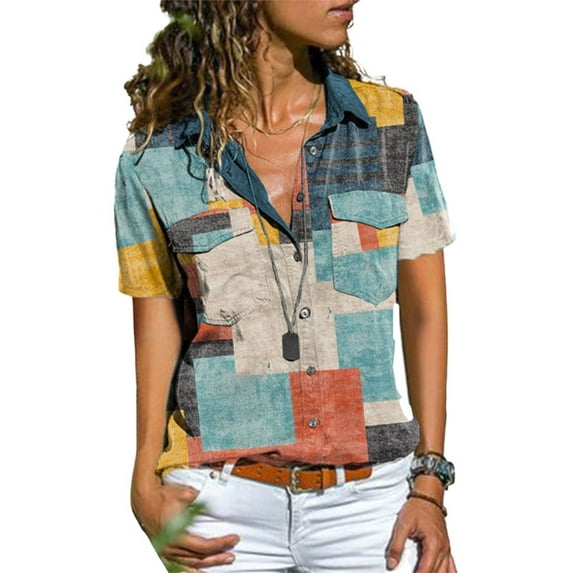Colisha Fashion Floral Shirt Blouses Womens Office Button Shirt Short Sleeve Blouse Sexy V-neck Tops Shirt Size S-XXL