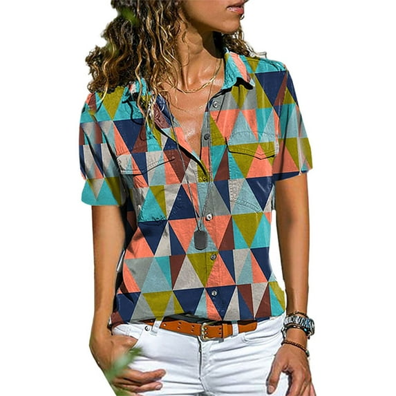 Colisha Fashion Floral Shirt Blouses Womens Office Button Shirt Short Sleeve Blouse Sexy V-neck Tops Shirt Size S-XXL