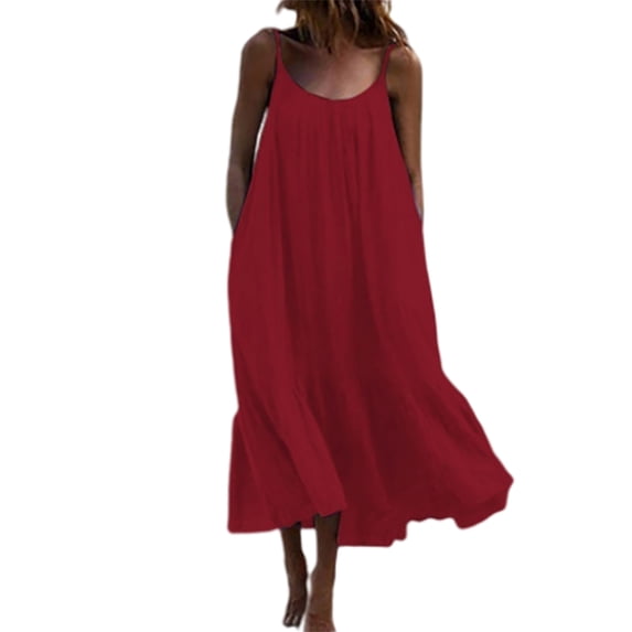 Colisha Ladies Loose Holiday Sundress Casual Solid Color Long Dress Bohemian Scoop Neck Maxi Dresses