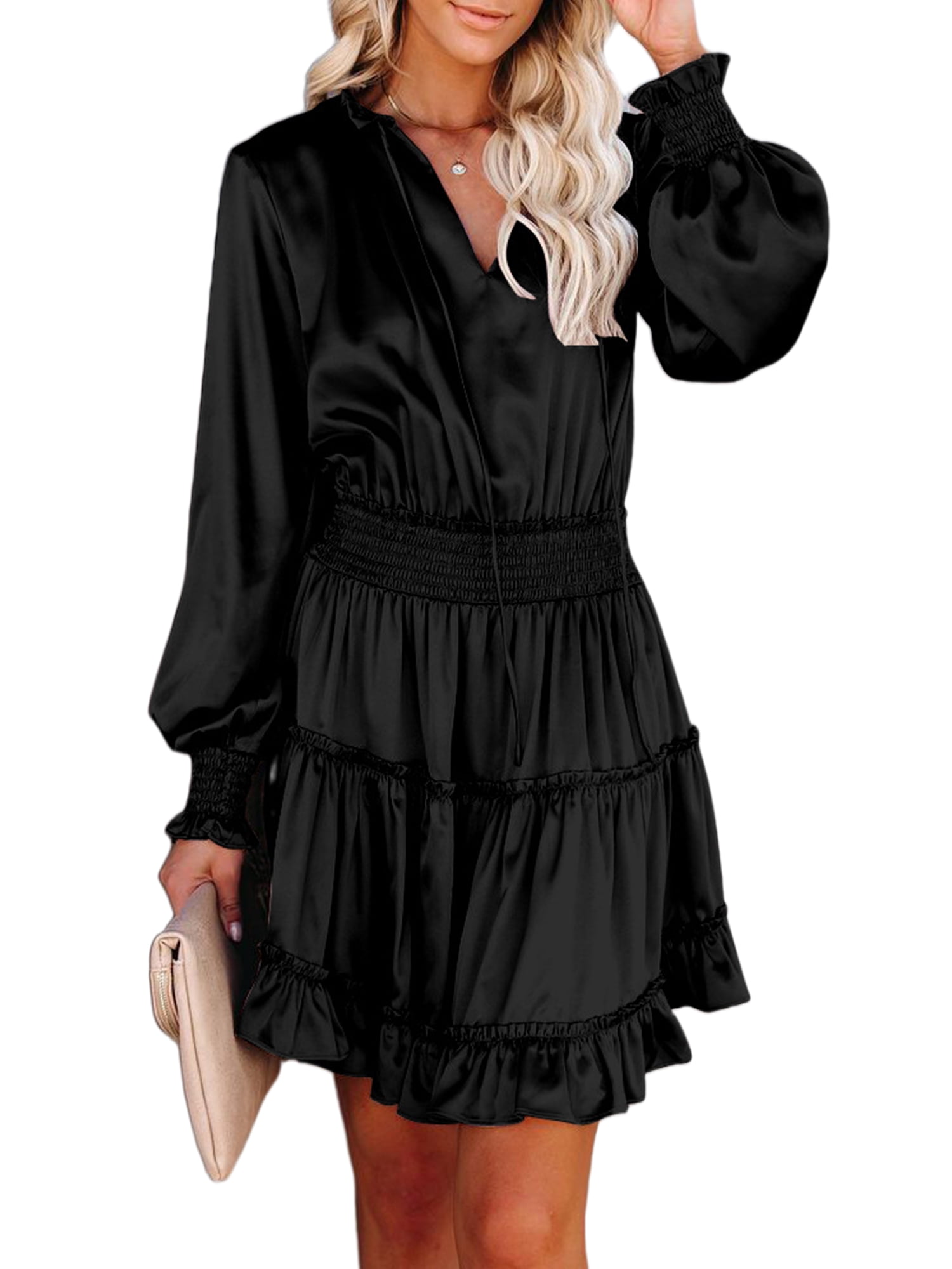 Colisha Long Sleeve Cocktail Party Tunic Dress Ladies Fall Winter Short  Empire Waist Dresses Swing Ruffled Evening Dress For Wedding Guest Size  S-XL - Walmart.com