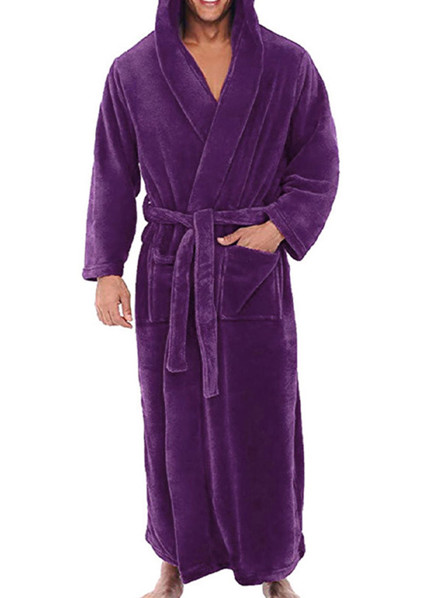 Colisha Men Bath Robes Hooded Dressing Gown Solid Color Wrap Robe Comfy