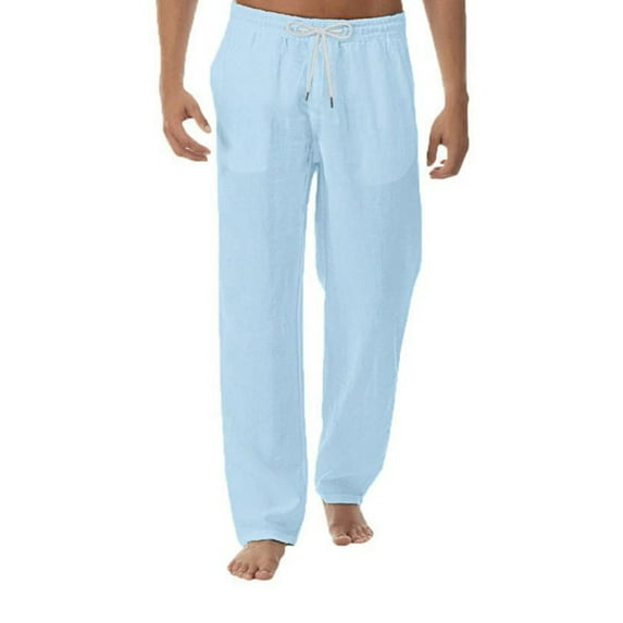 Lumento Men Drawstring Casual Summer Beach Loose Trousers Cotton Linen Pants with Elastic Waistband and Pockets Straight Leg Pants