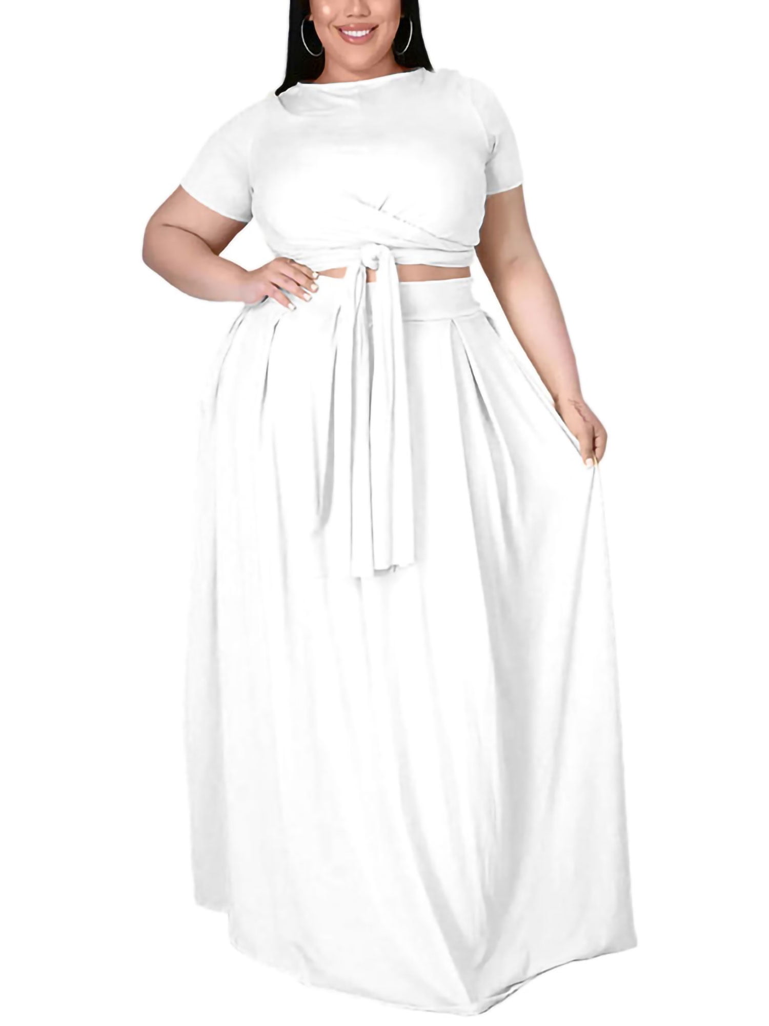 Colisha Plus Size Workout Sets for Women 2 Piece Short Sleeve Tie Up Top  and Maxi Long Skirt Set for Club Party Dress 