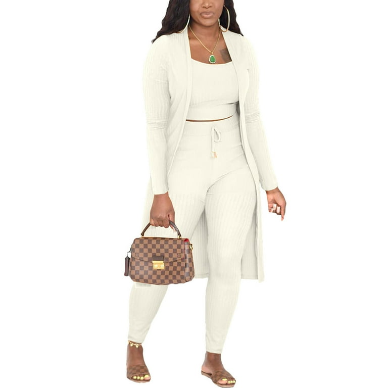 Colisha Women 3 Pieces Outfit V Neck Jacket+Pant+Cami Top Long Sleeve  Lounge Set Comfy Work Elastic Waist Fall Outfits White S 