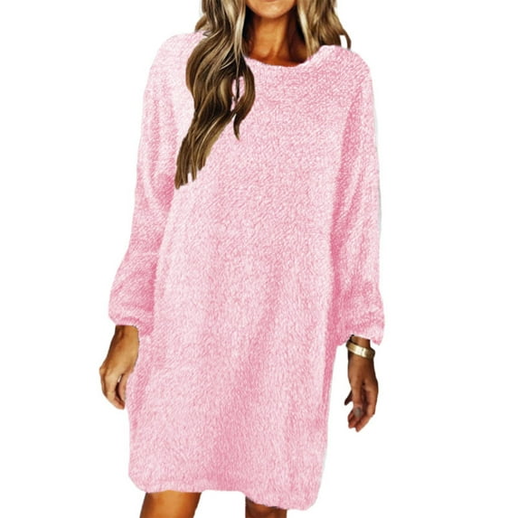 Colisha Women Autumn Loose Warm Pullover Plus Size Baggy Tunic Sweatshirt Fuzzy Fleece Dresses