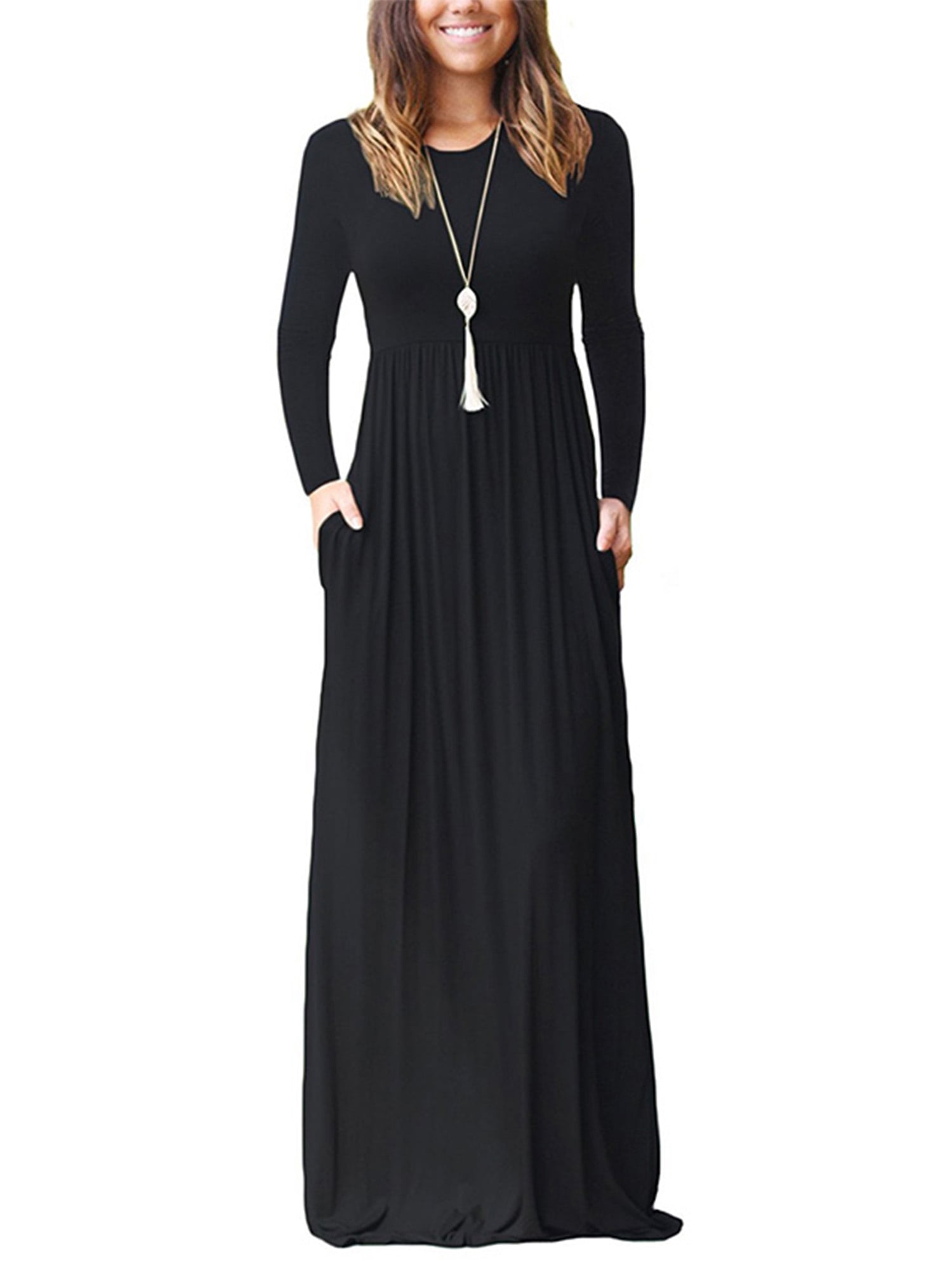 Colisha Women Fall Winter Maxi Dress Casual Loose Pockets Long Dress Long Sleeve Beach Solid Maxi Dress Evening Party Wrap Long Dress Loungewear Walmart