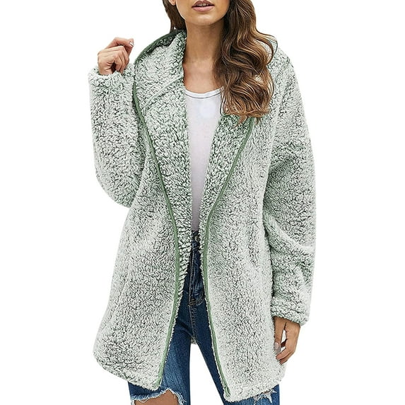 Colisha Women Hooded Cardigan Fuzzy Fleece Jacket Sherpa Hoodies Winter Warm Open Front Coat Outwear with Pockets Army Green 2XL