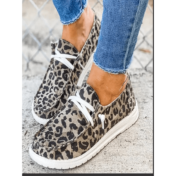Colisha Women's Canvas Loafers-Anti Slip Ladies Casual Flat Lace Up Walking Sneakers Brown Leopard Print 7