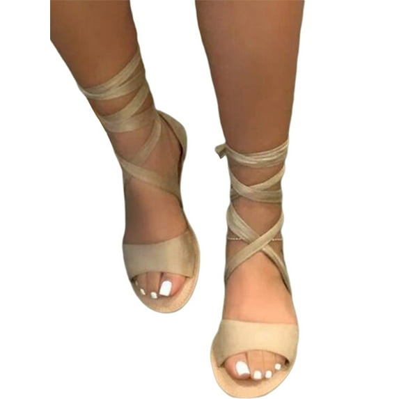 Colisha Women's Fashion Open Toe Sandals Lace Up Solid Color Flat Shoes Wear-Resisting