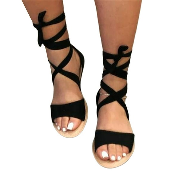 Colisha Womens Ladies Lace Up Leg Flat Gladiator Sandals Strappy Summer Comfy Shoes New