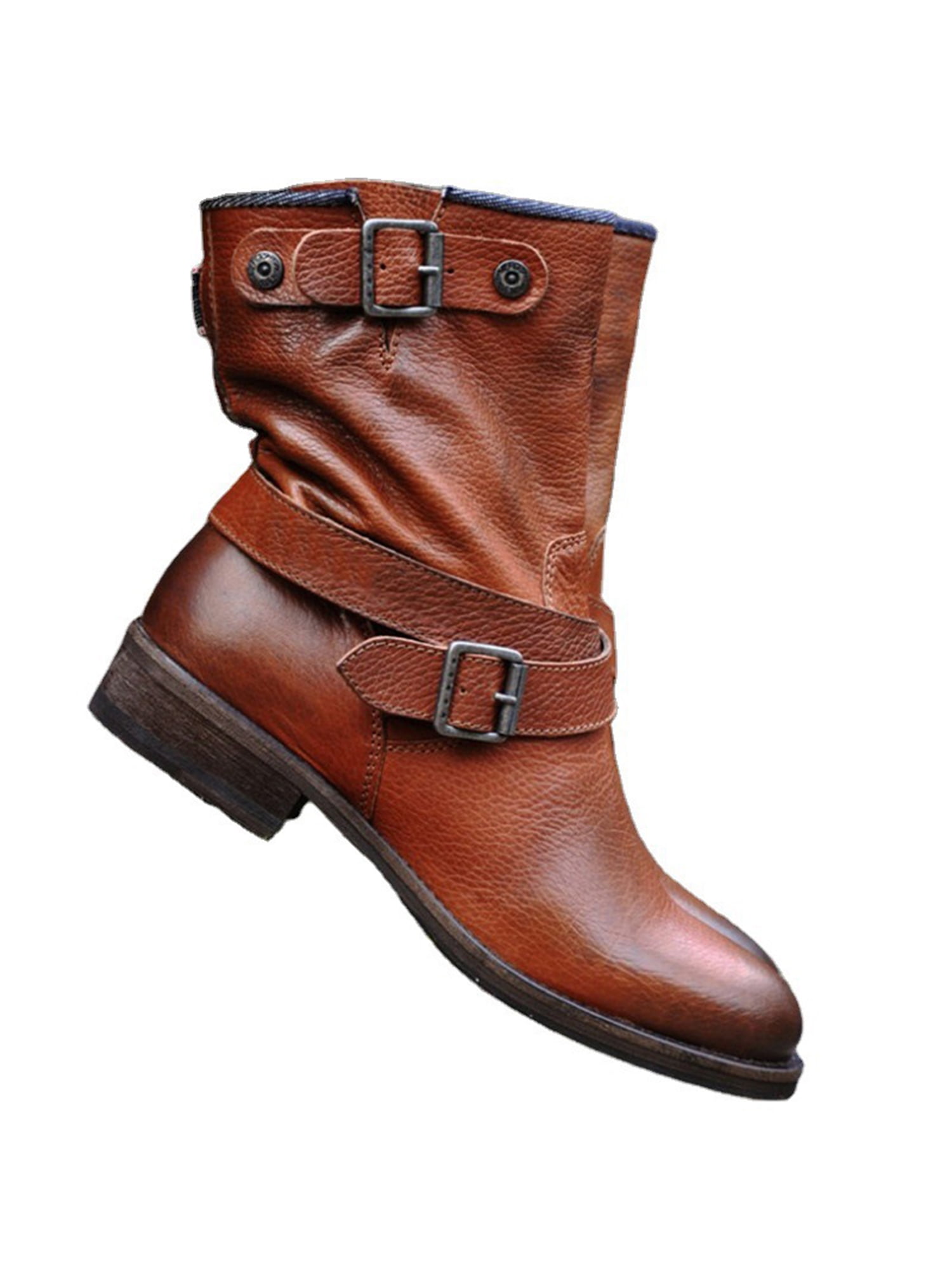 Colisha Womens Motorcycle Boot Buckle Strap MidCalf Boots Low Heel