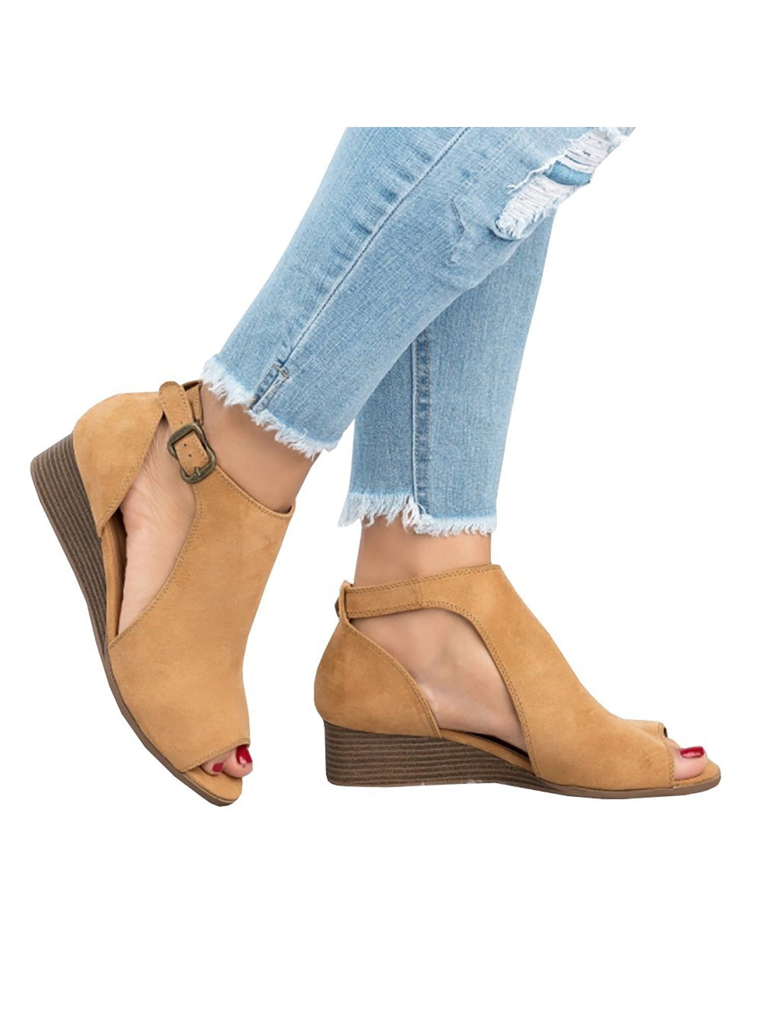 Womens Ankle Strap Cutout Cork Wedge Platform Sandals Beige – SOBEYO.COM