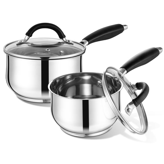 Coliware 1 & 2 QT Saucepan Set, Nonstick Small Milk Pot with Stay-Cool Handles Visible Glass Lid & Tri-Ply Bottom for Even Heating, Stainless Steel Pot Compatible with All Induction, Dishwasher Safe