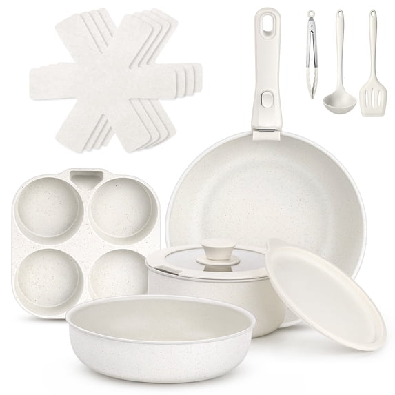 Coliware 10Pcs Pots and Pans Set, Nonstick Induction Ready Cookware Set with Detachable Handle Utensils, All Stoves Compatible Kitchenware Set for Healthy Cooking, Dishwasher Safe-White