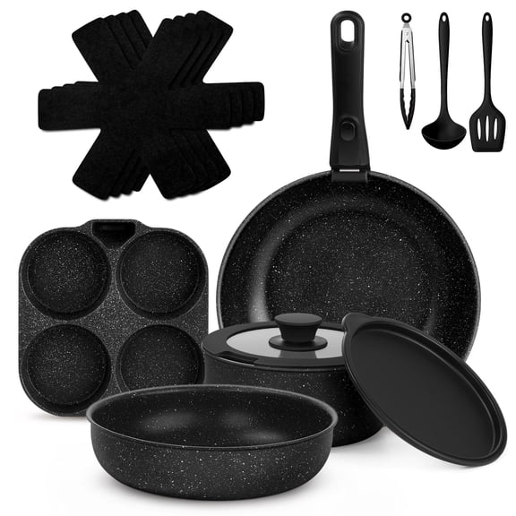Coliware 10Pcs Pots and Pans Set, Nonstick Induction Ready Cookware Set with Detachable Handle Utensils, All Stoves Compatible Kitchenware Set for Healthy Cooking, Dishwasher Safe-Black
