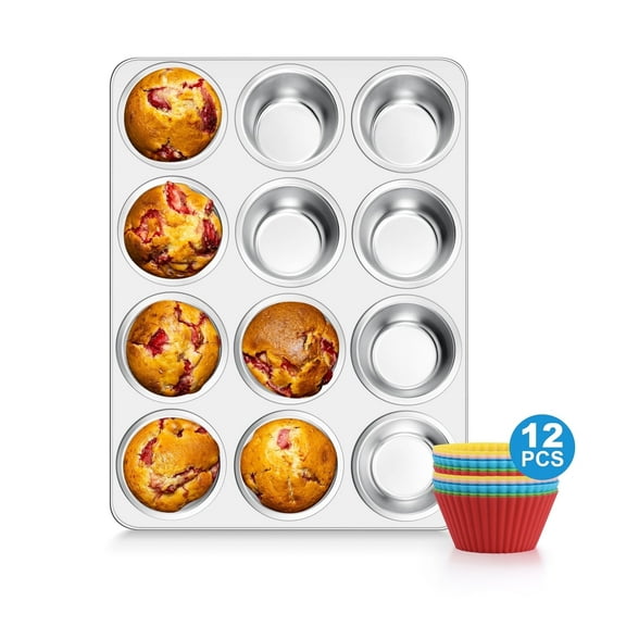 Coliware 12-Cup Muffin Pan, Stainless Steel Cupcake Tin with 12 Cupcake Liners, Regular Size Nonstick Cake Tray, Easy-Release Baking Cookware for Oven, Dishwasher Safe