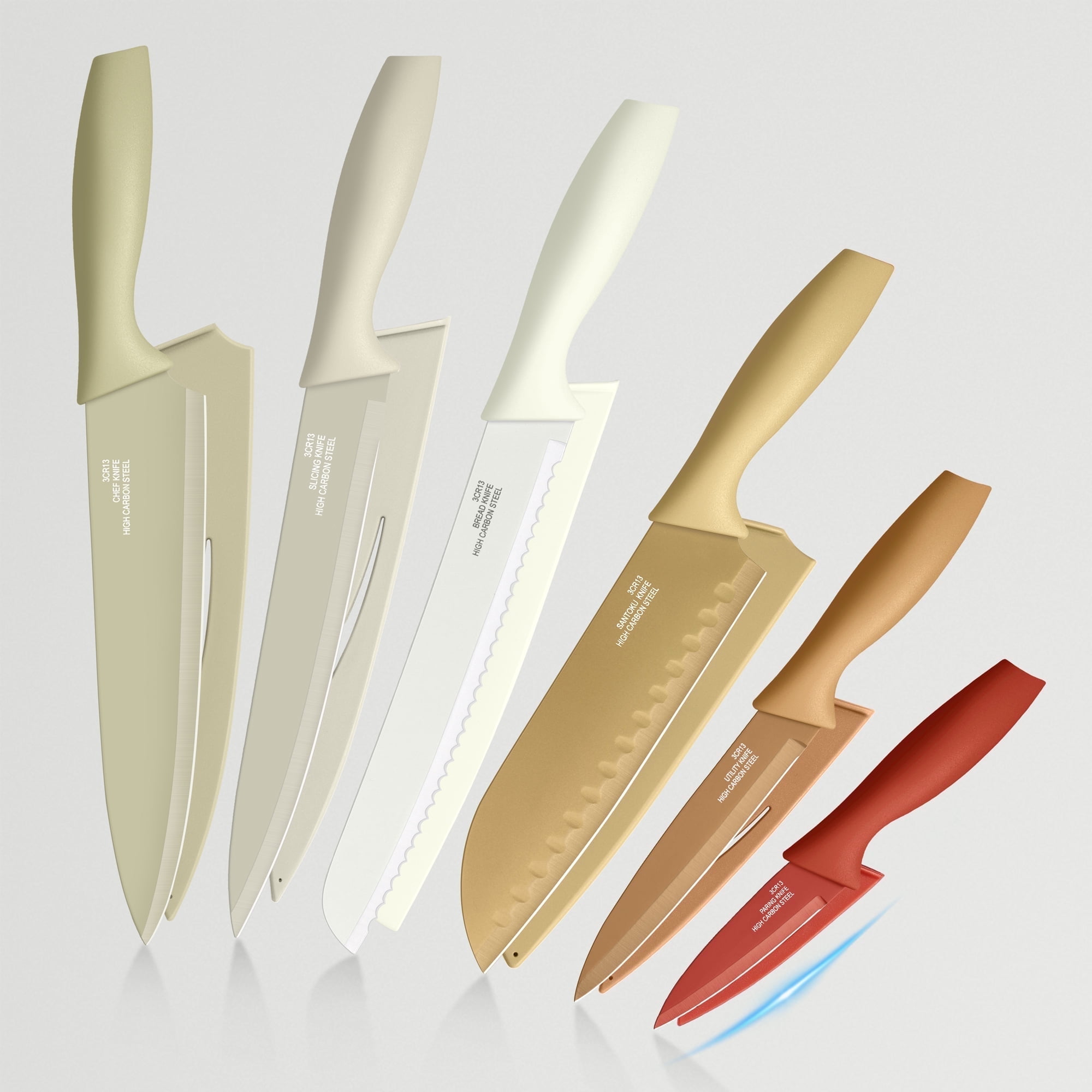 Coliware 12-Pieces Kitchen Knives Set, Non-Stick Sharp Cooking Knife Set with Covers, Stainless Steel Cutting Knife Set with Anti-Rust Coating Blade Guards, Multi-Color