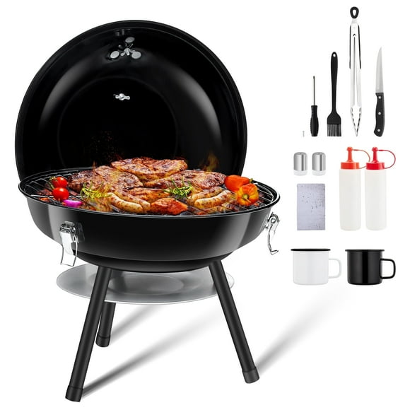 Coliware 14 inch Portable Charcoal Grill, Lightweight Enamel Coated Coal Kettle Smoker with 3-Point Locking Lid 2 Grilling Racks Dual Venting System, Tabletop Barbecue Oven for Outdoo