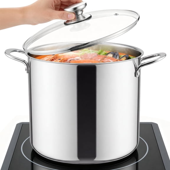 Coliware 16QT Stainless Steel Stock Pot with Glass Lid, Large Cooking Soup Pot with 3-Ply Bottom Compatible with Gas Electric Ceramic Induction, Kitchen Cookware & Dishwasher Safe