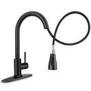 Coliware 18/10 Stainless Steel Kitchen Sink Faucet with Pull Down Sprayer, Matte Black Kitchen Tall Water Faucet Brushed Nickel, Single Handle & Deck Plate