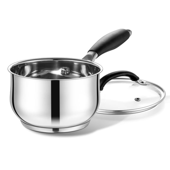 Coliware 1QT Saucepan with Glass Lid, Nonstick Small Milk Pot with Stay-Cool Handles & Tri-Ply Bottom for Even Heating, Stainless Steel Cooking Pot Compatible with All Induction, Dishwasher Safe